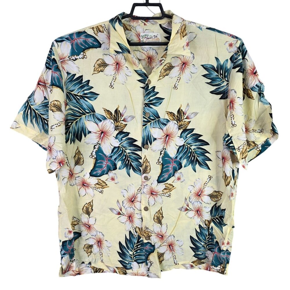 Mens Thums Up Yellow & Green Hawaiian Shirt Button Up Short Sleeve Rayon Size XL